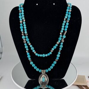 Turquoise and Silver Celtic Heart Beaded Necklace with Silver and Pendant P44
